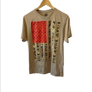 Tan Flag Graphic Short Sleeve Cotton Loose Fit Casual Tee Shirt Top M